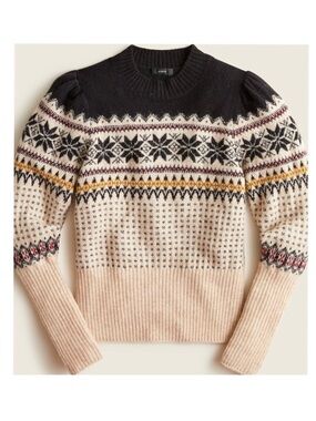 Fair Isle Sweater Puff Sleeve Crewneck Merino Wool Alpaca Preppy Small Cabincore